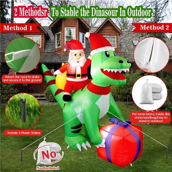 5FT Christmas Inflatables Dinosaur Santa Claus Blow Up with Built-in LED Lights - Picture 5 of 6